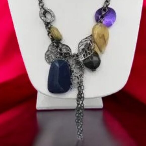 Multi-Media Necklace Statement Fashion Gun Metal Chain Acrylic Metal - Picture 4 of 4